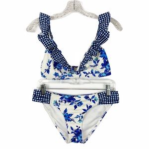 Lands' End Floral With Plaid Ruffles Bikini size S